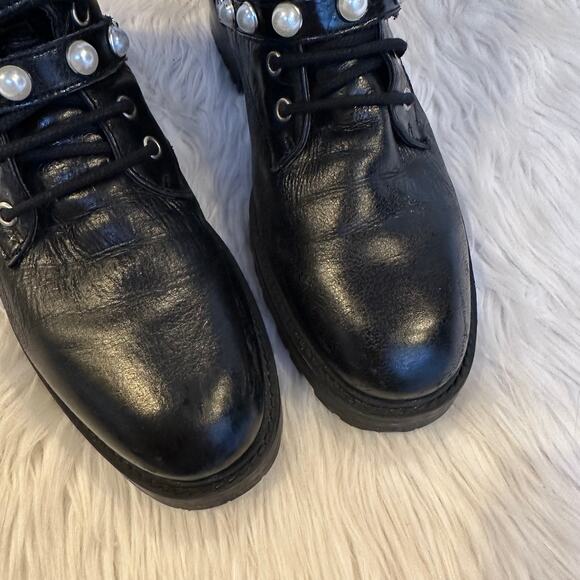 ZARA Genuine Leather Ankle Combat Boots Faux Pearl Lace-Up Flat Boots, Black - Picture 13 of 16